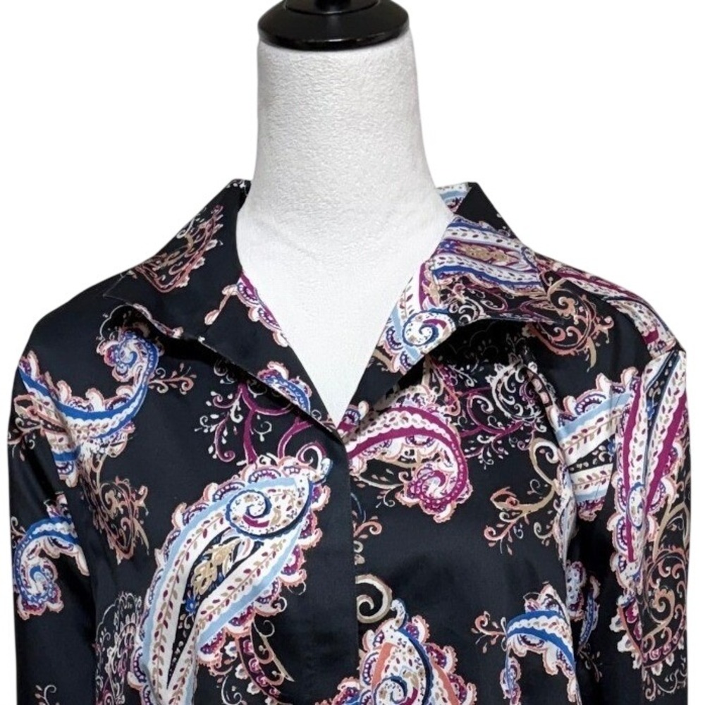 Chicos Top Women XL 16-18 3 Black Colorful Paisley No Iron Button Up Long Sleeve